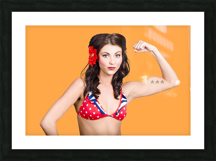 Pinup girl flexing biceps muscle. Bodybuilding Picture Frame print
