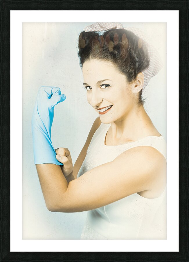 Pinup housewife flexing muscles. Cleaning strength Picture Frame print