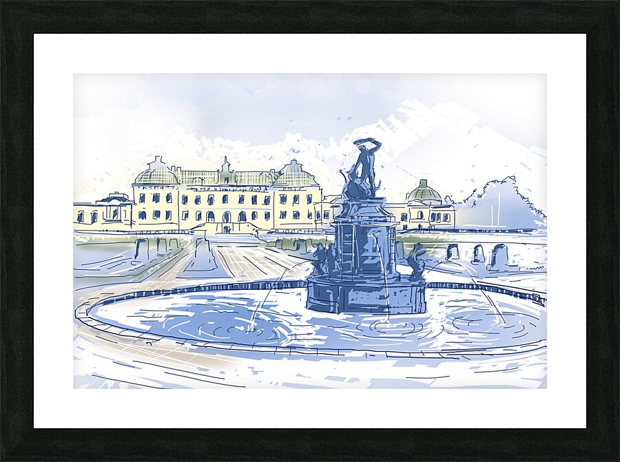 Drottningholms Slott royal palace and fountain Illustration Picture Frame print