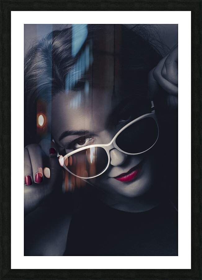 Dark fashion portrait. Female model in sunglasses Picture Frame print
