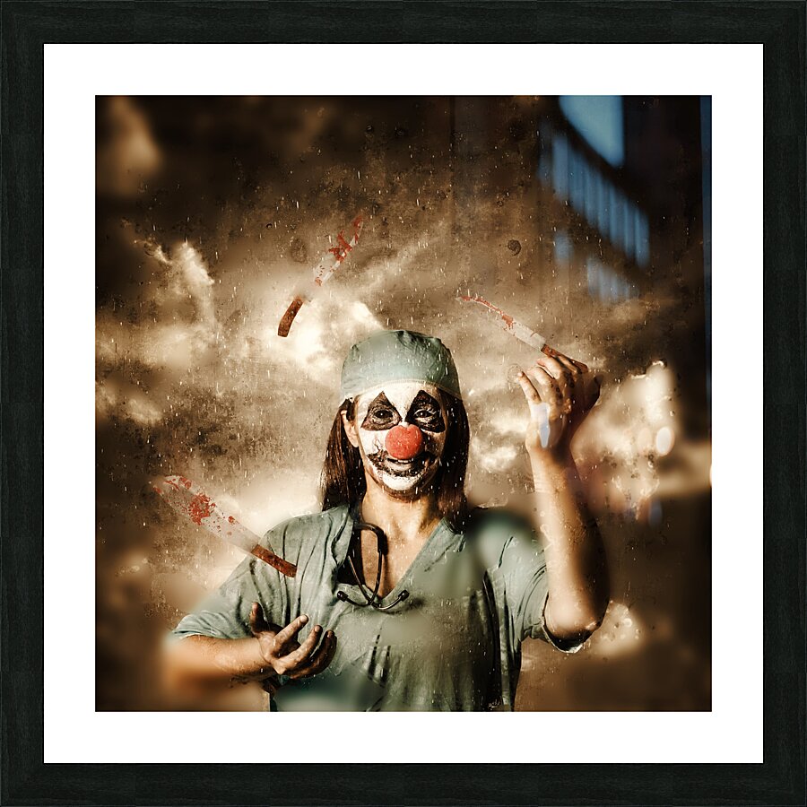 Evil surgeon clown juggling bloody knives outside Picture Frame print