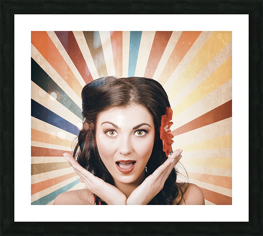 Beautiful retro brunette girl with surprised look Picture Frame print