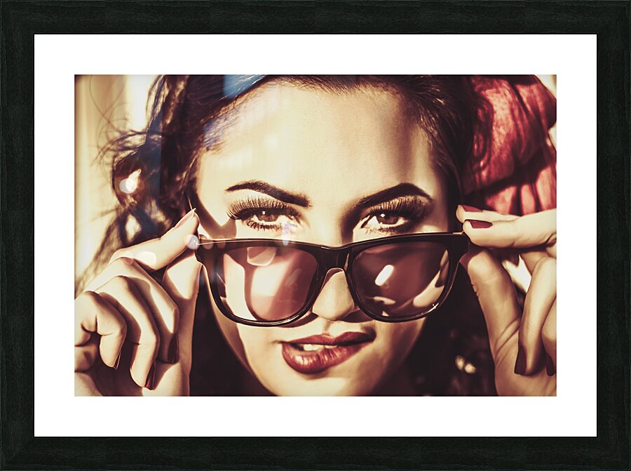 Hip 60s pinup girl in classic eyewear sunglasses Picture Frame print