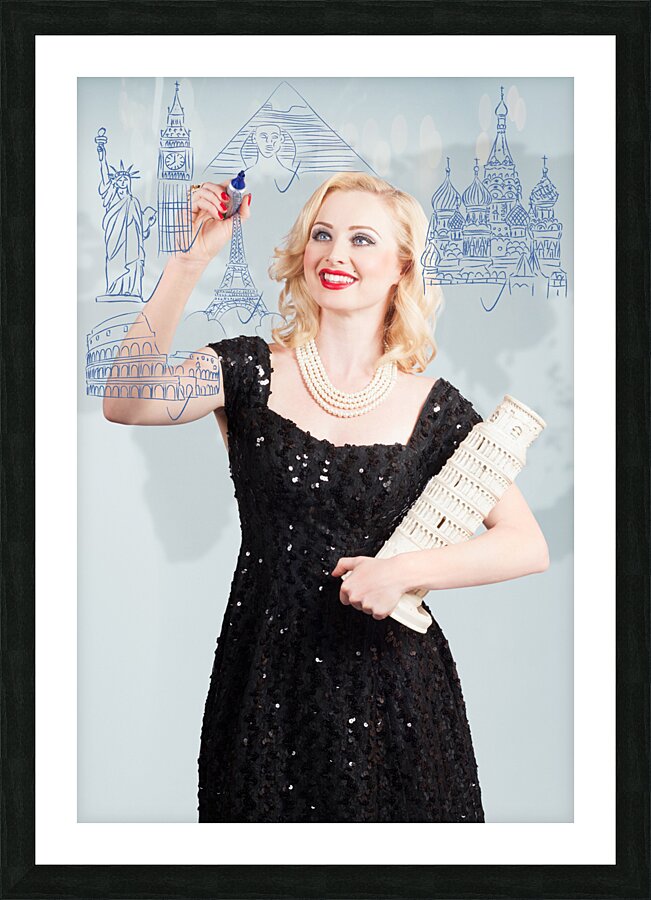 Blond woman drawing a travel landmark illustration Picture Frame print