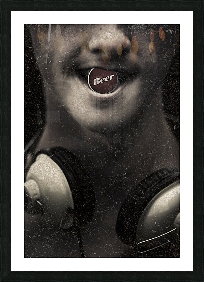 Urban man wearing headphones and beer cap in mouth Picture Frame print