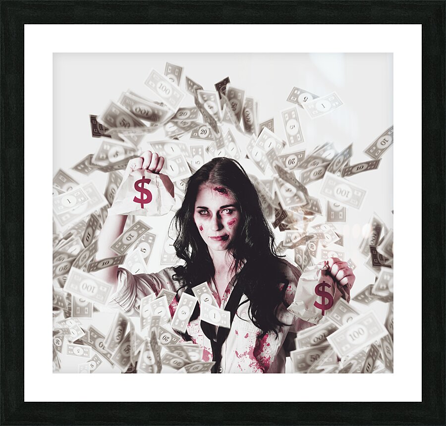 Dead business woman in financial crisis debt Picture Frame print