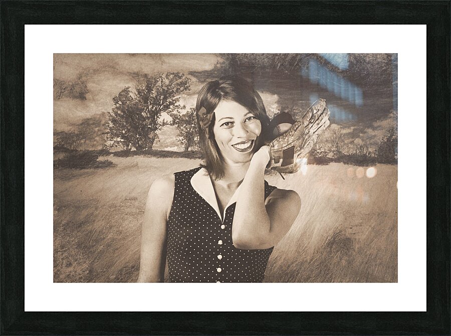Retro pinup poster girl holding baseball in glove Picture Frame print
