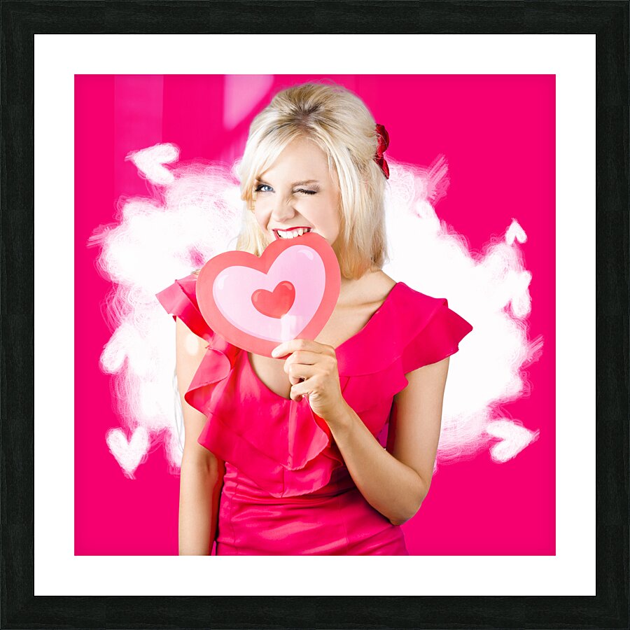 Cute love hungry girl eating big red heart Picture Frame print