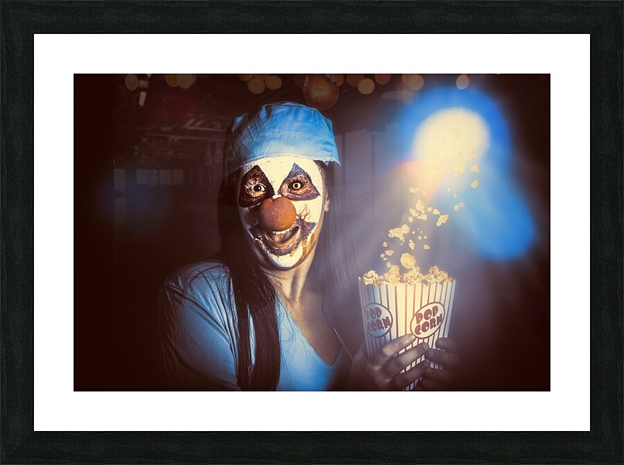 Scary clown watching horror movie in THEATER Picture Frame print