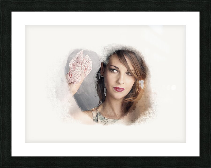 Curious Housewife Cleaning Home Window With Love Picture Frame print