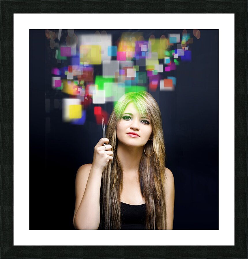 Woman accessing digital media with touch screen Picture Frame print