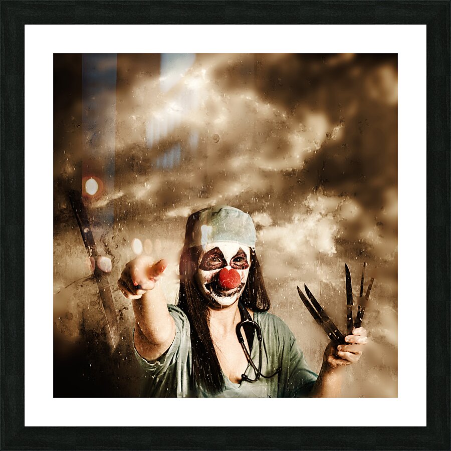 Scary clown doctor throwing knives outdoors Picture Frame print