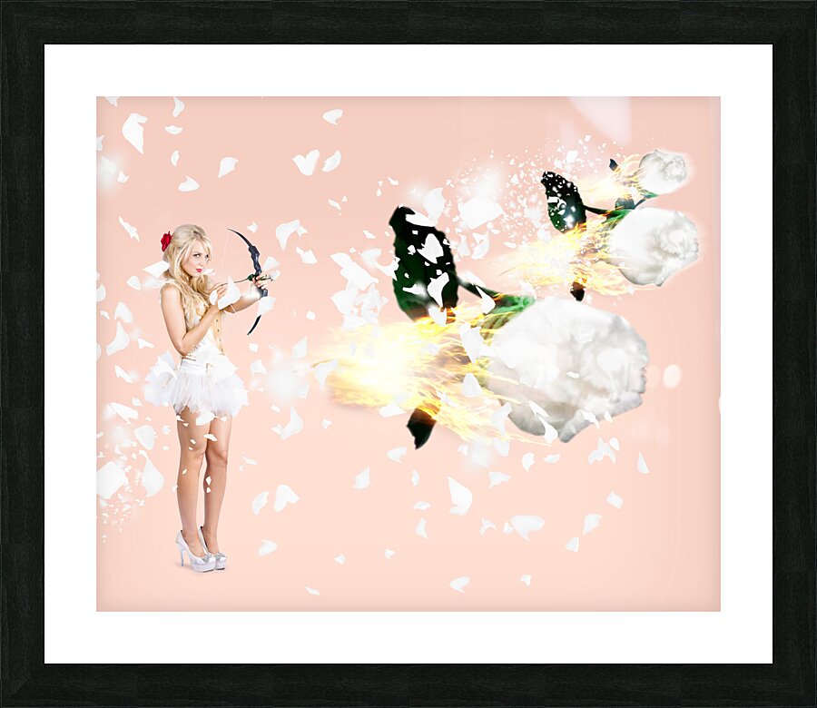 Beautiful cupid woman firing romance arrows Picture Frame print