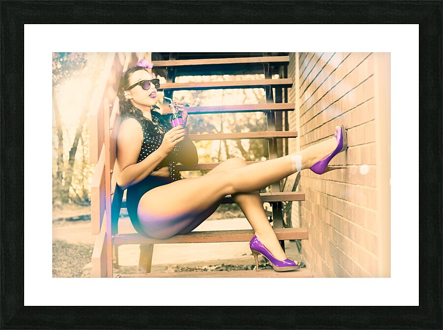 Eighties pinup woman drinking pop art soda Picture Frame print