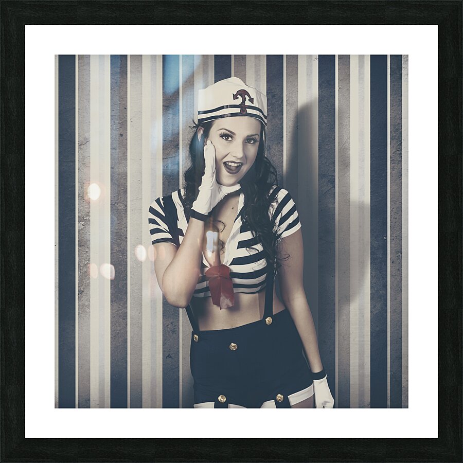 Young retro pinup woman shouting maritime surprise Picture Frame print