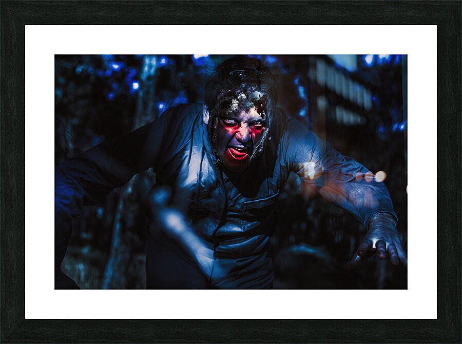 Evil zombie man creeping though black shadows Picture Frame print