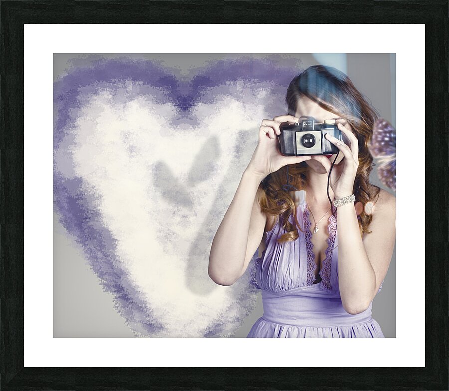 Woman with camera. Love in a still frame capture Picture Frame print