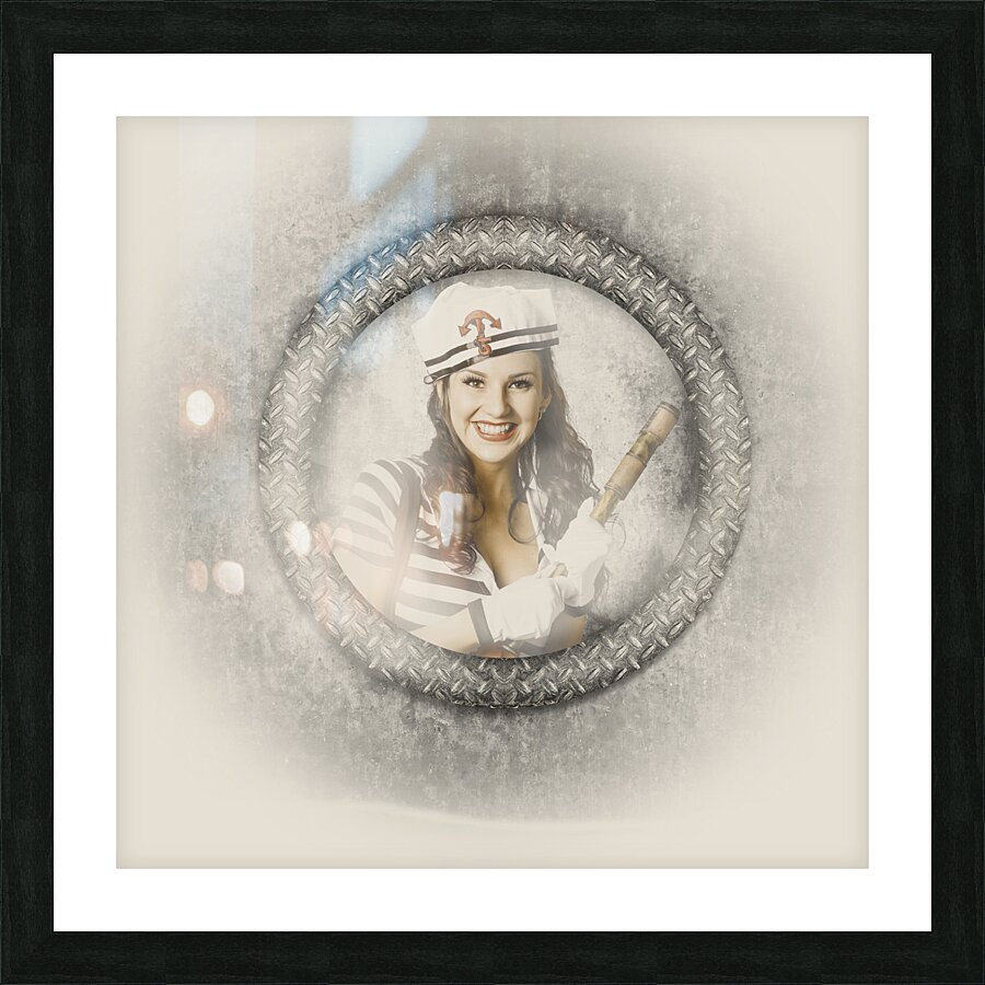Boating pin-up woman on nautical shipping voyage Picture Frame print