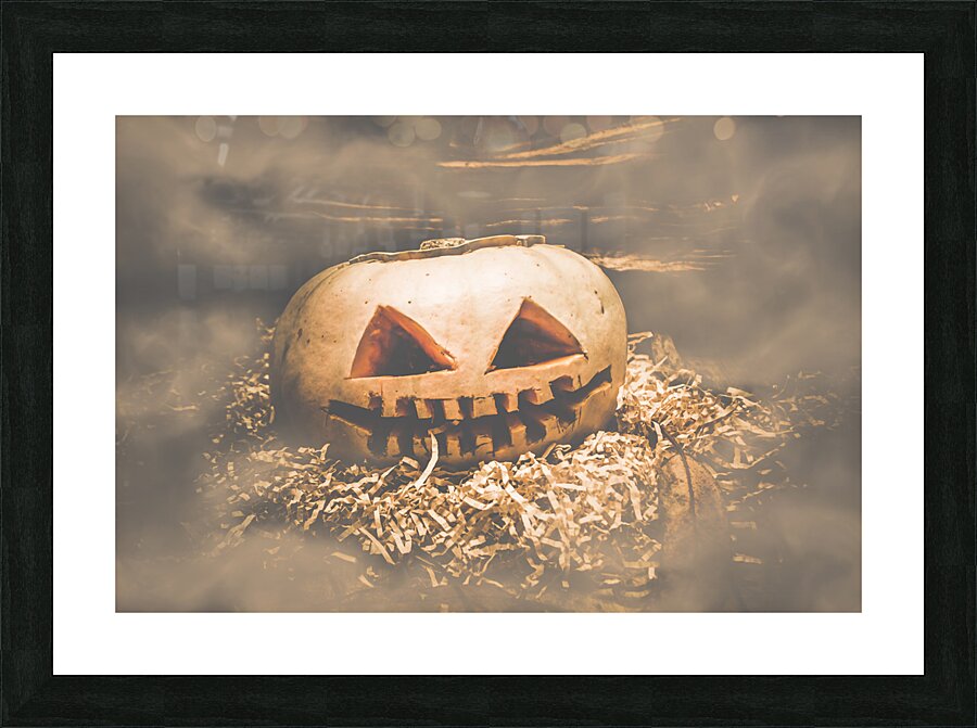Rustic barn pumpkin head in horror fog Picture Frame print