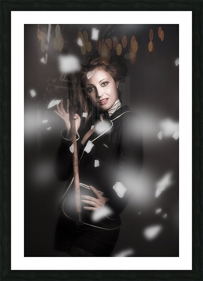 Beautiful vintage girl dancing with flower petals Picture Frame print