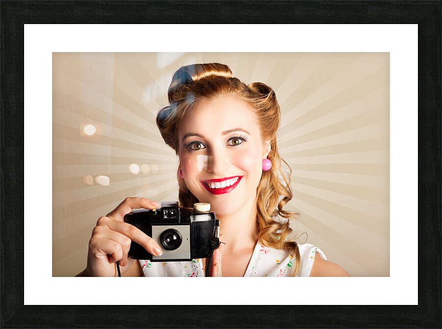 Young Smiling Vintage Girl Taking Photo Picture Frame print