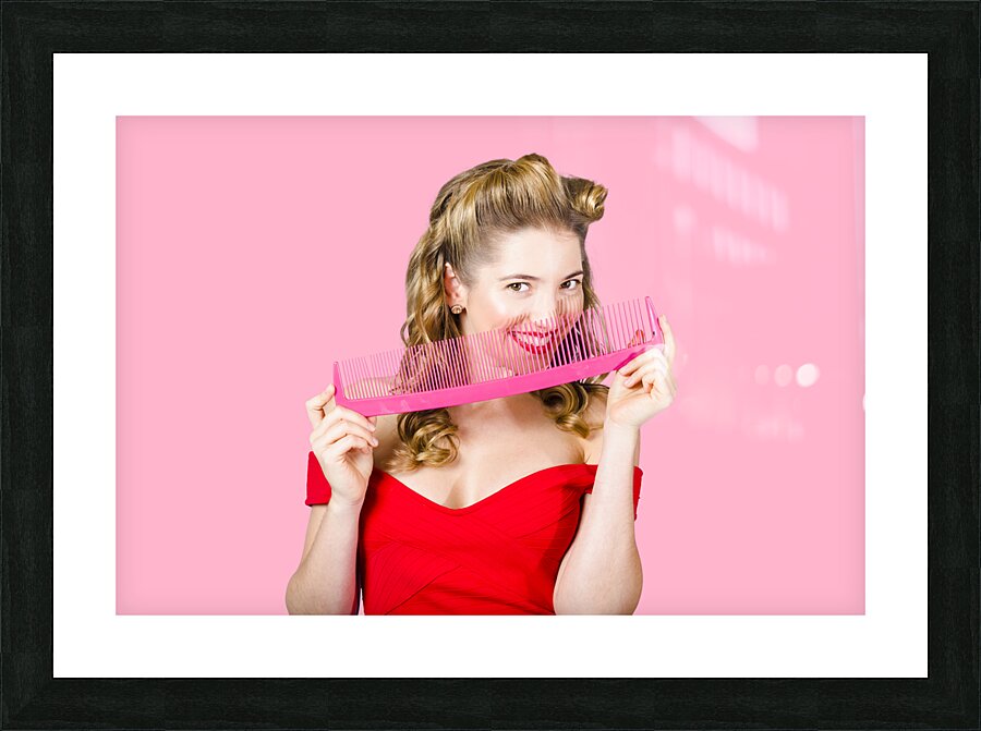 Beauty salon pinup girl smiling with haircare comb Picture Frame print