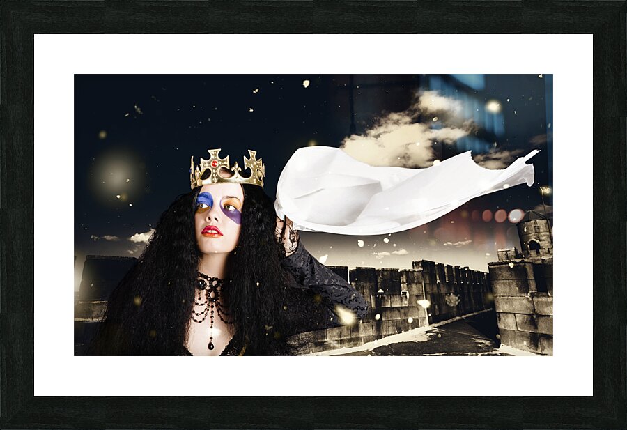 Royal damsel in distress waving white castle flag Picture Frame print