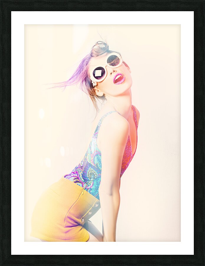 Sun flared 70s pin-up girl posing in funky colour Picture Frame print