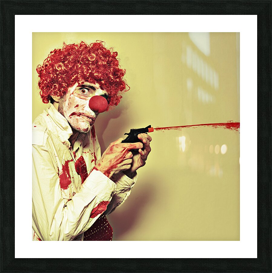 Creepy Manic Clown Shooting Blood From Cap Gun Picture Frame print