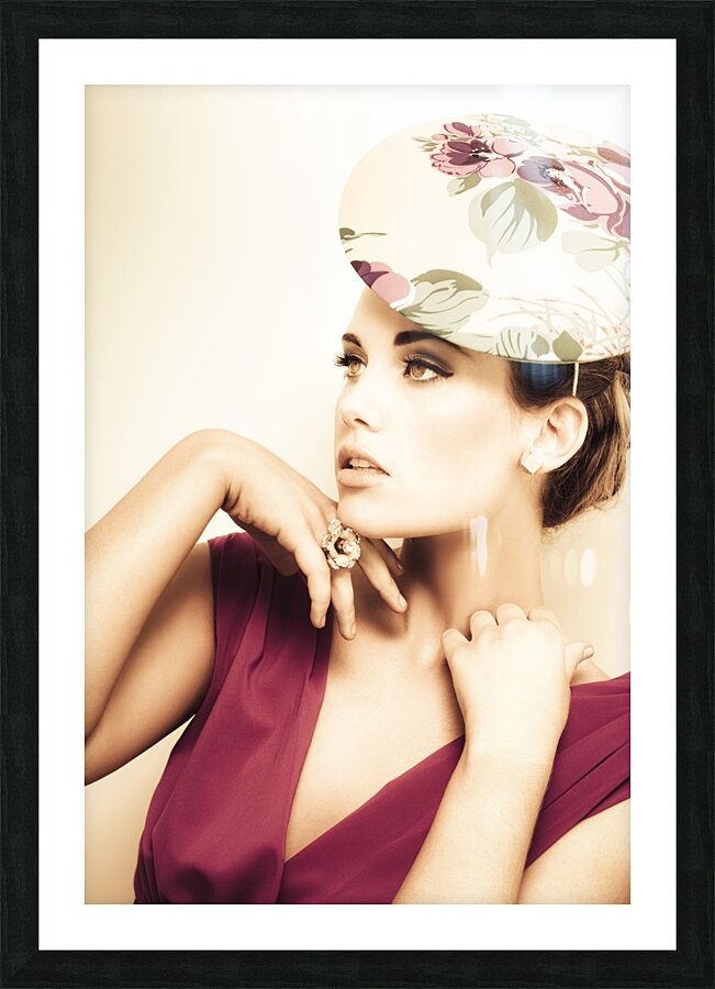 woman wearing v-neck blouse and floral hat Picture Frame print