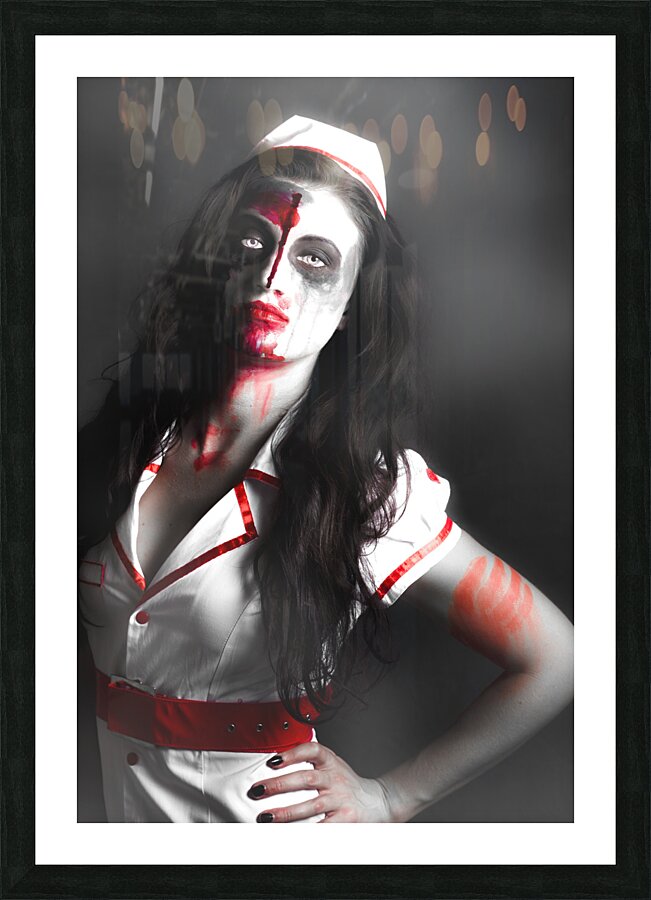 Scary zombie nurse with facial wounds Picture Frame print