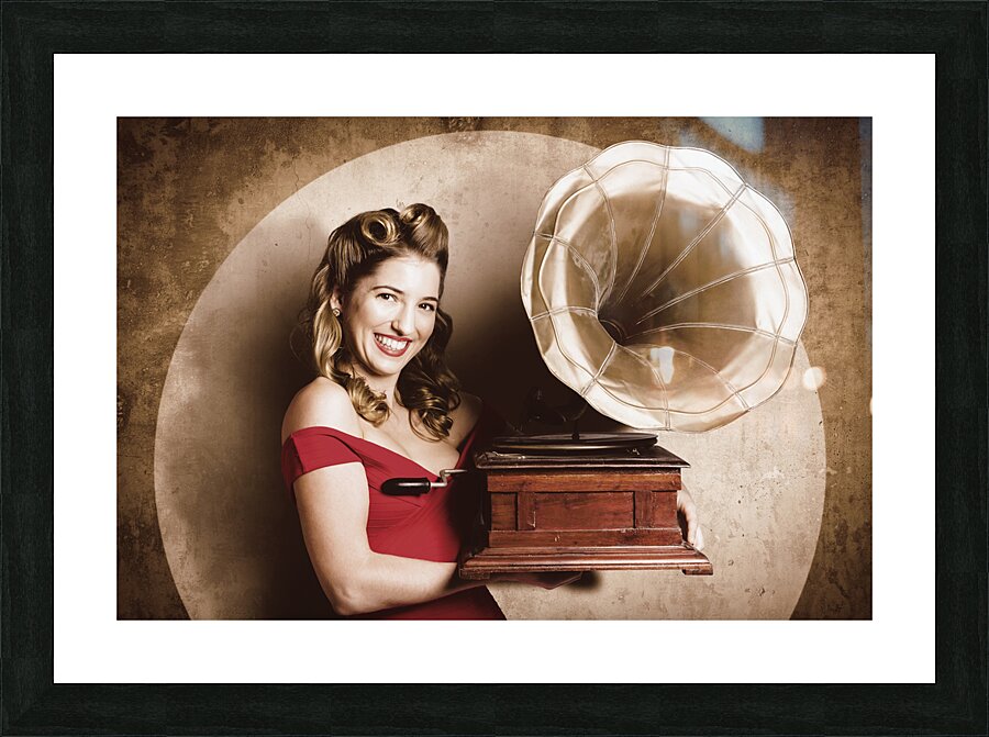 Vintage pin-up girl listening to record player Picture Frame print