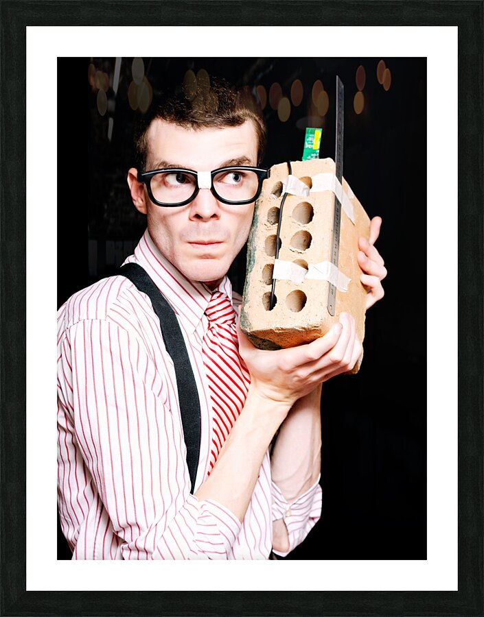 Male Nerd Inventor Holding Brick Mobile Telephone Picture Frame print