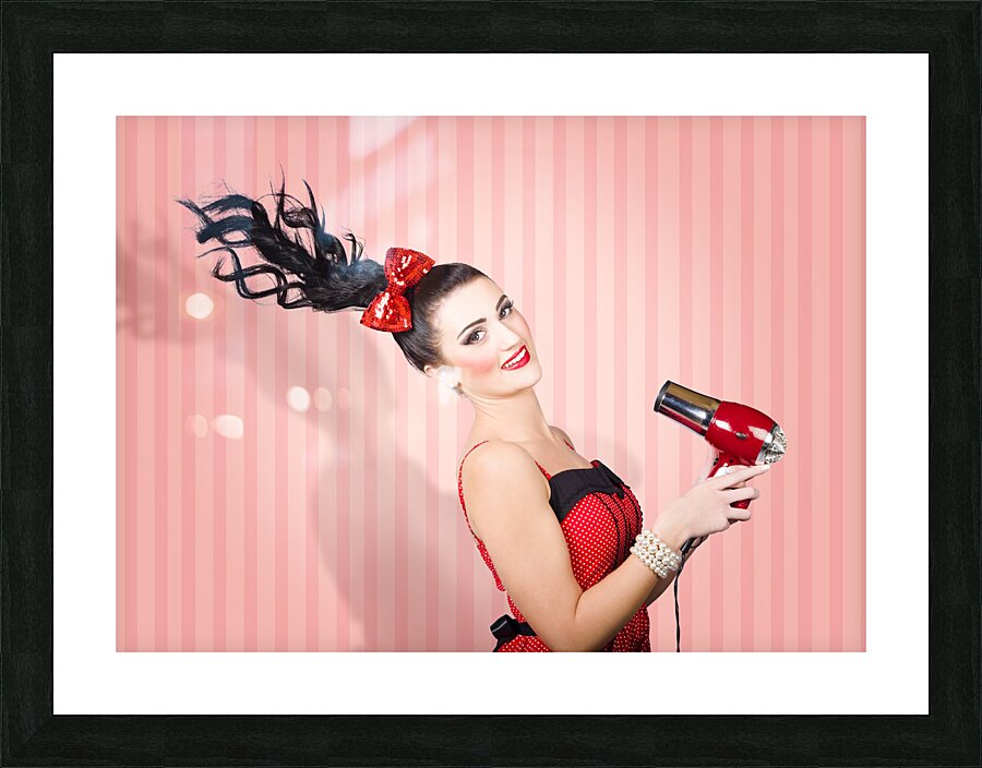 Fashion model straightening long brunette hair Picture Frame print