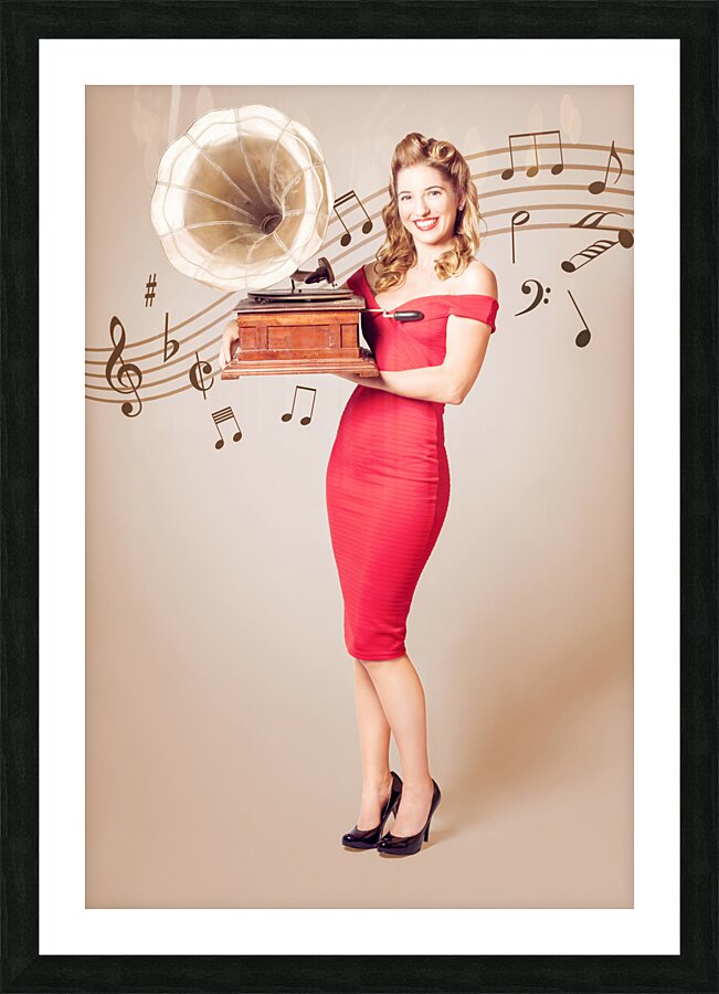 Pin-up at the disco. Vintage woman with gramophone Picture Frame print