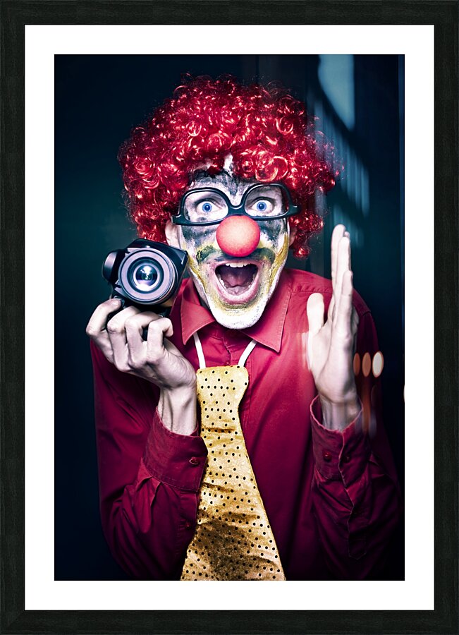 Excited Clown With Camera At Kids Birthday Party Picture Frame print