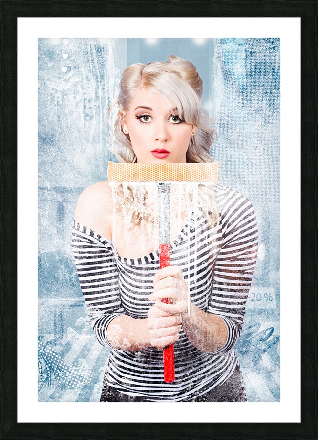 Window cleaner washing shop window. Clearance  Picture Frame print