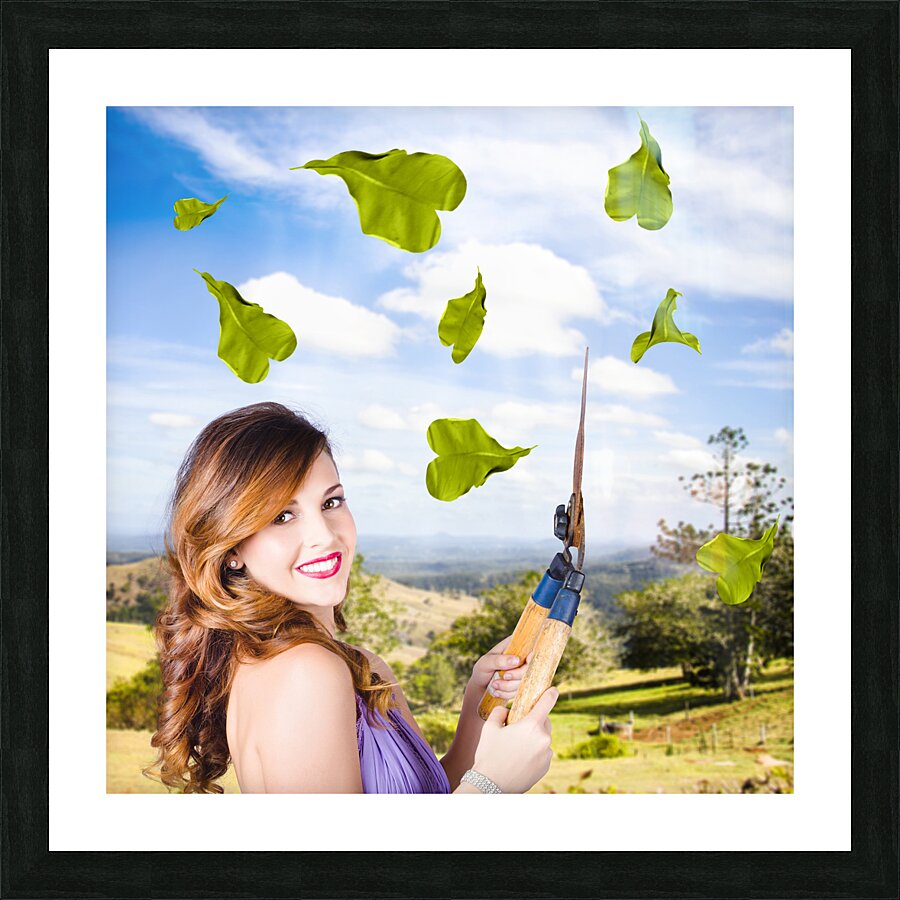 Elegant young woman with shears. Gardening love Picture Frame print