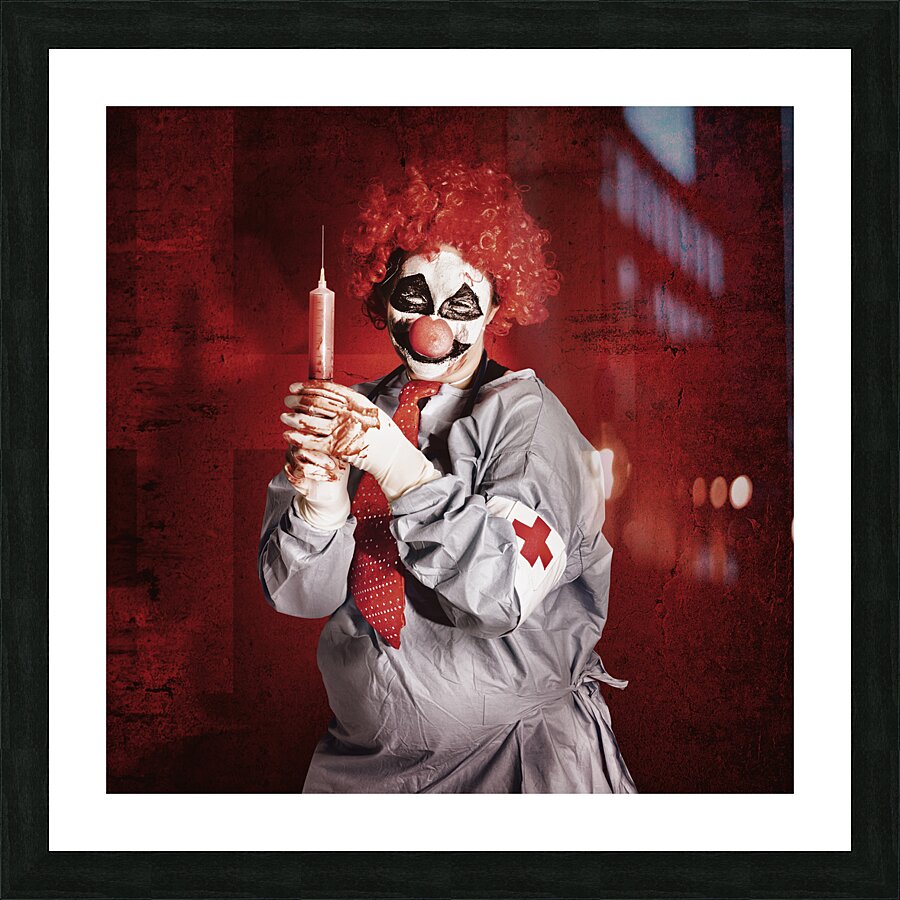 Dr Death clown with big red hypodermic needle Picture Frame print