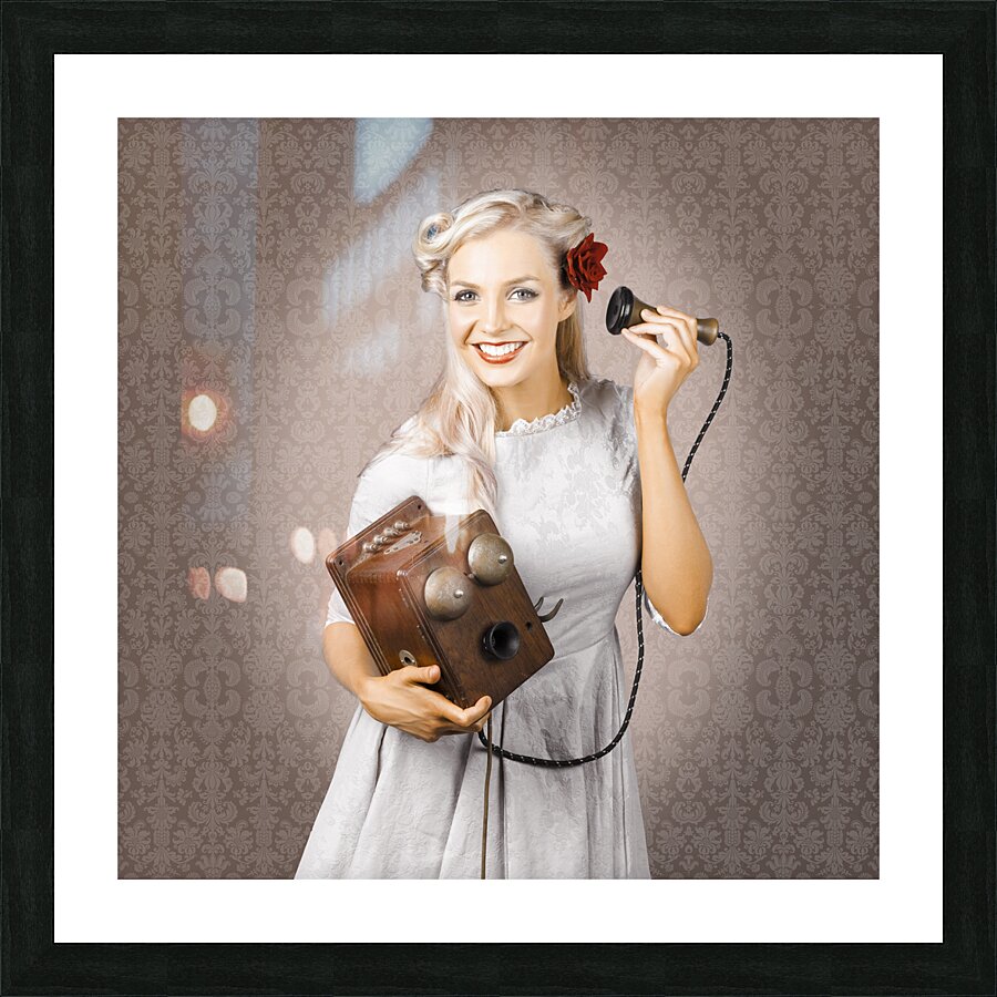 Smiling Vintage Woman Hearing Good News On Phone Picture Frame print
