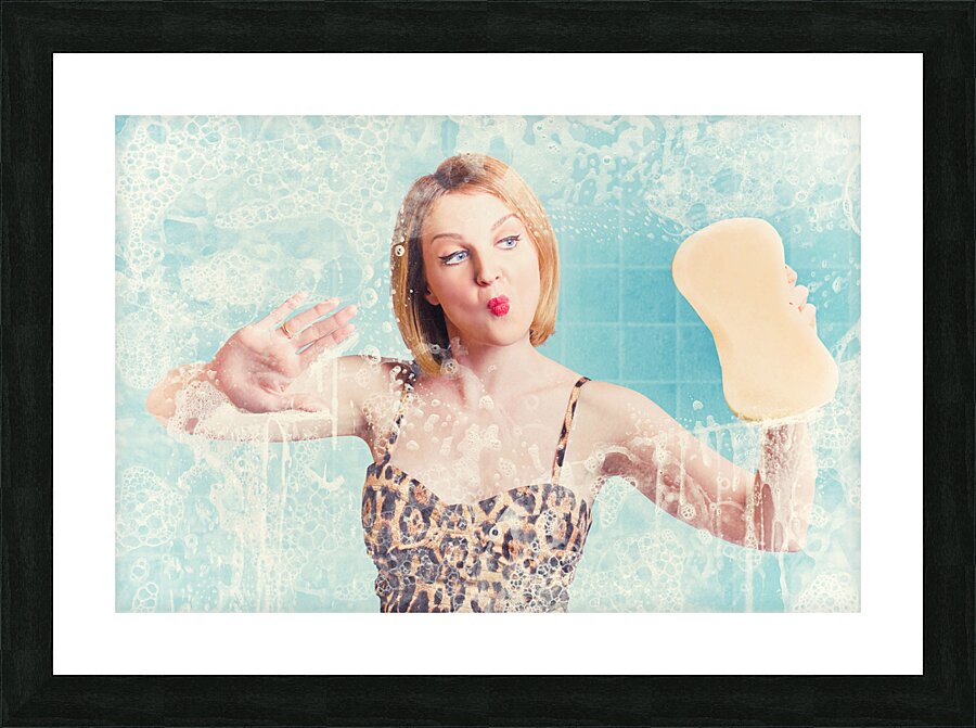 Funny pin up cleaning woman washing bathroom glass Picture Frame print