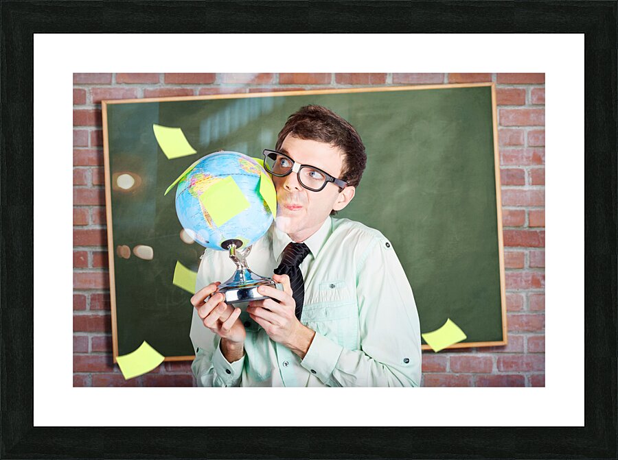 Nerd man holding earth world globe in classroom Picture Frame print
