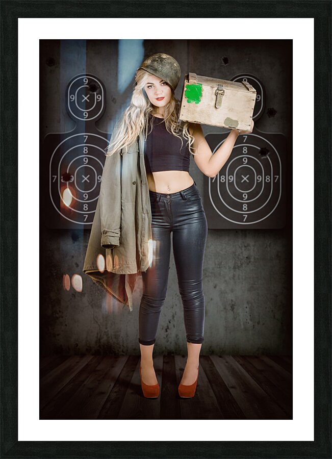 Army pinup girl at rifle range. Bullet proof Picture Frame print