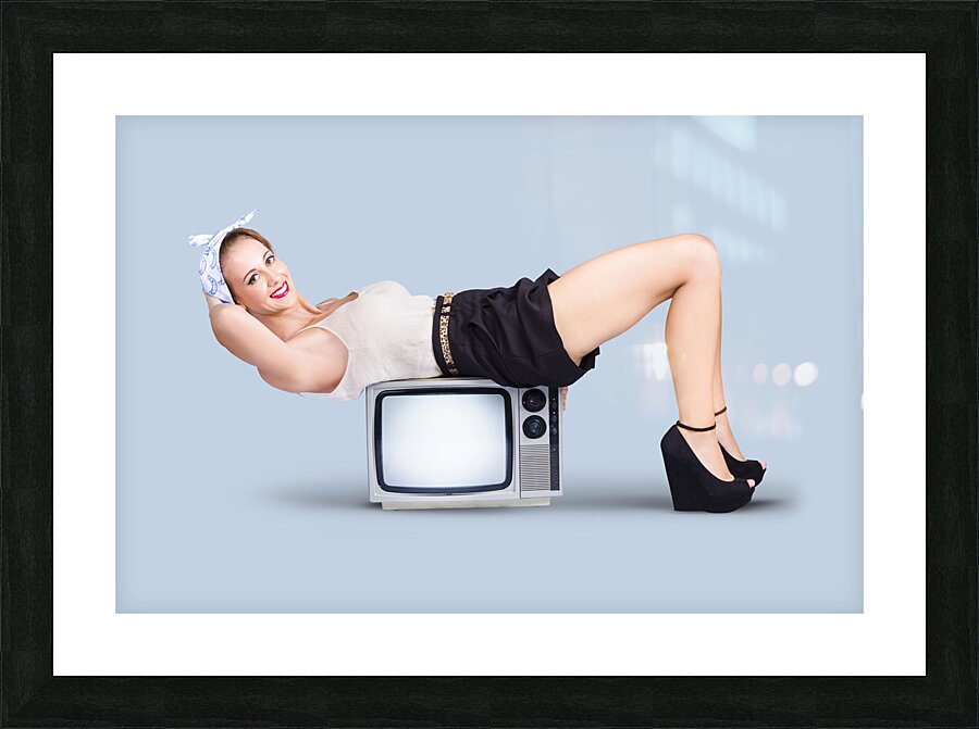 Retro housewife doing television aerobic exercise Picture Frame print