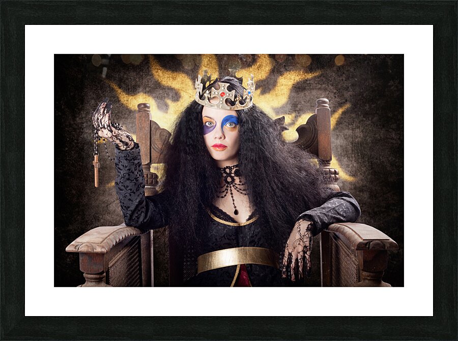 Storybook queen jester holding religious cross Picture Frame print