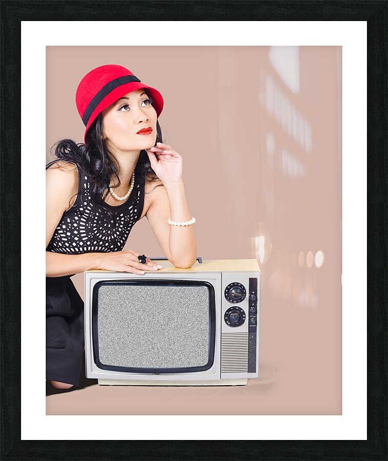 Woman on retro TV. Fifties broadcast Picture Frame print