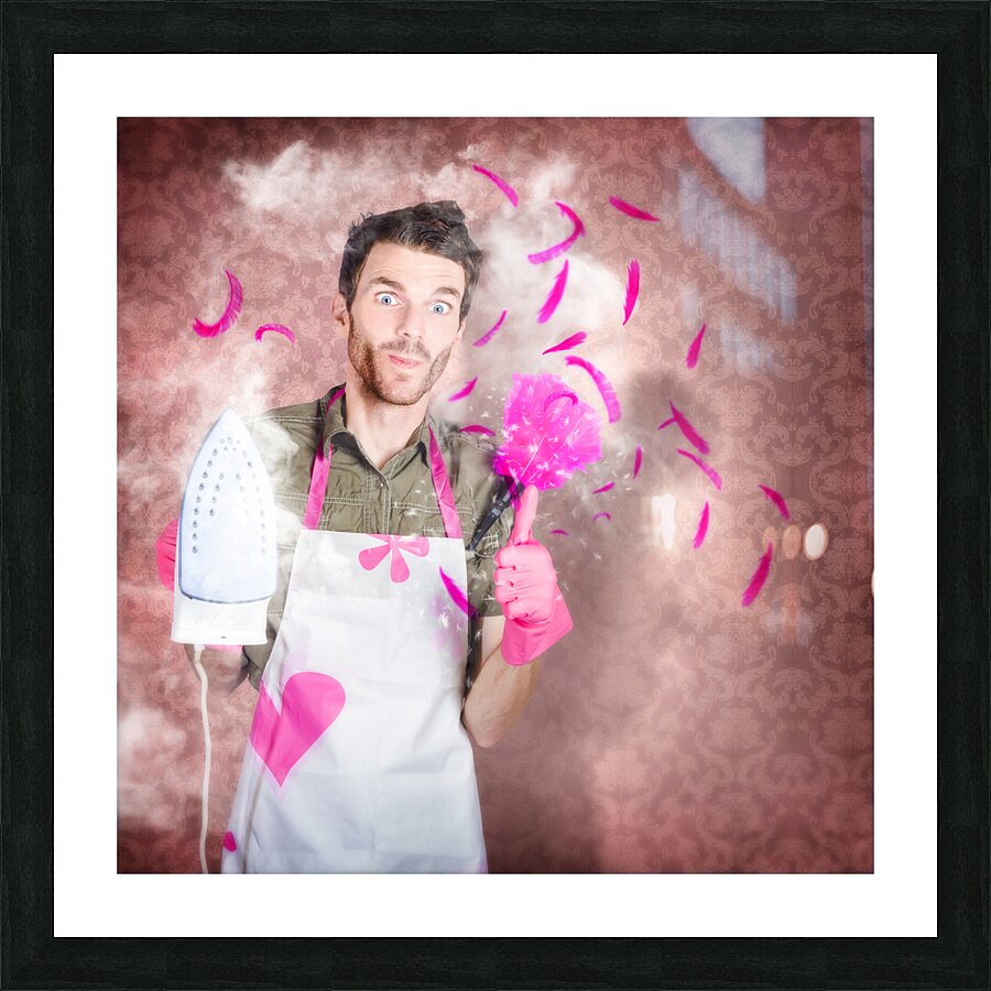 Funny cleaning man doing housework chores Picture Frame print