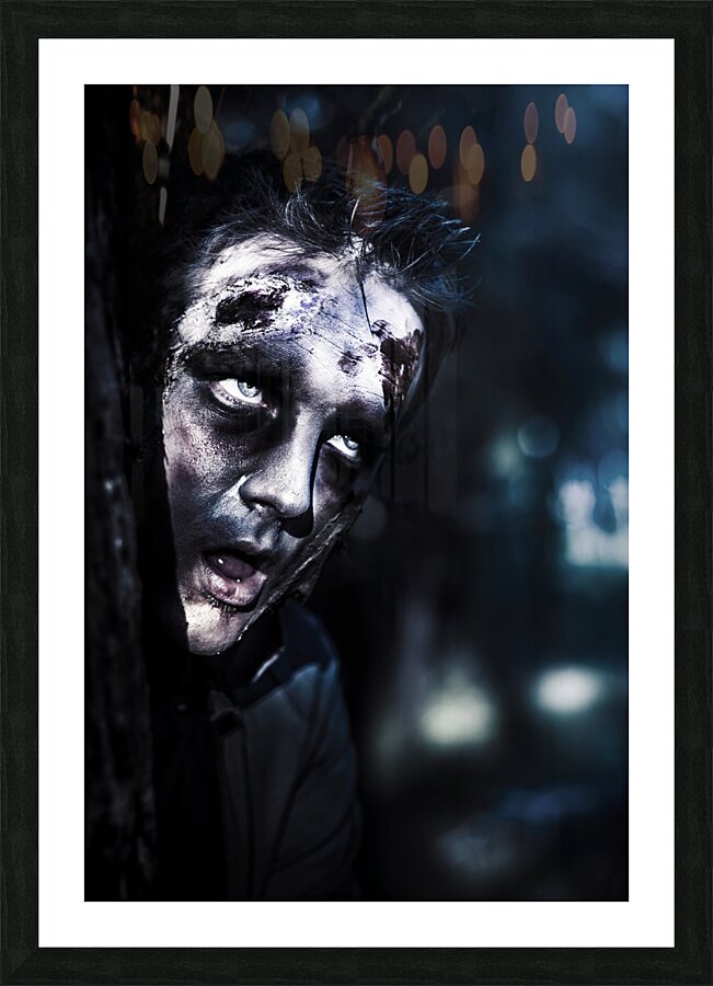 Head of a scary zombie peeking from behind tree Picture Frame print