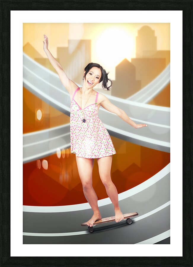Beautiful smiling skater woman. City skateboarding Picture Frame print