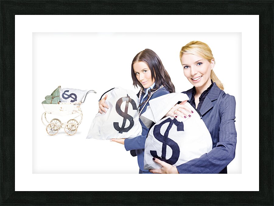 Pretty young business women holding sacks of money Picture Frame print